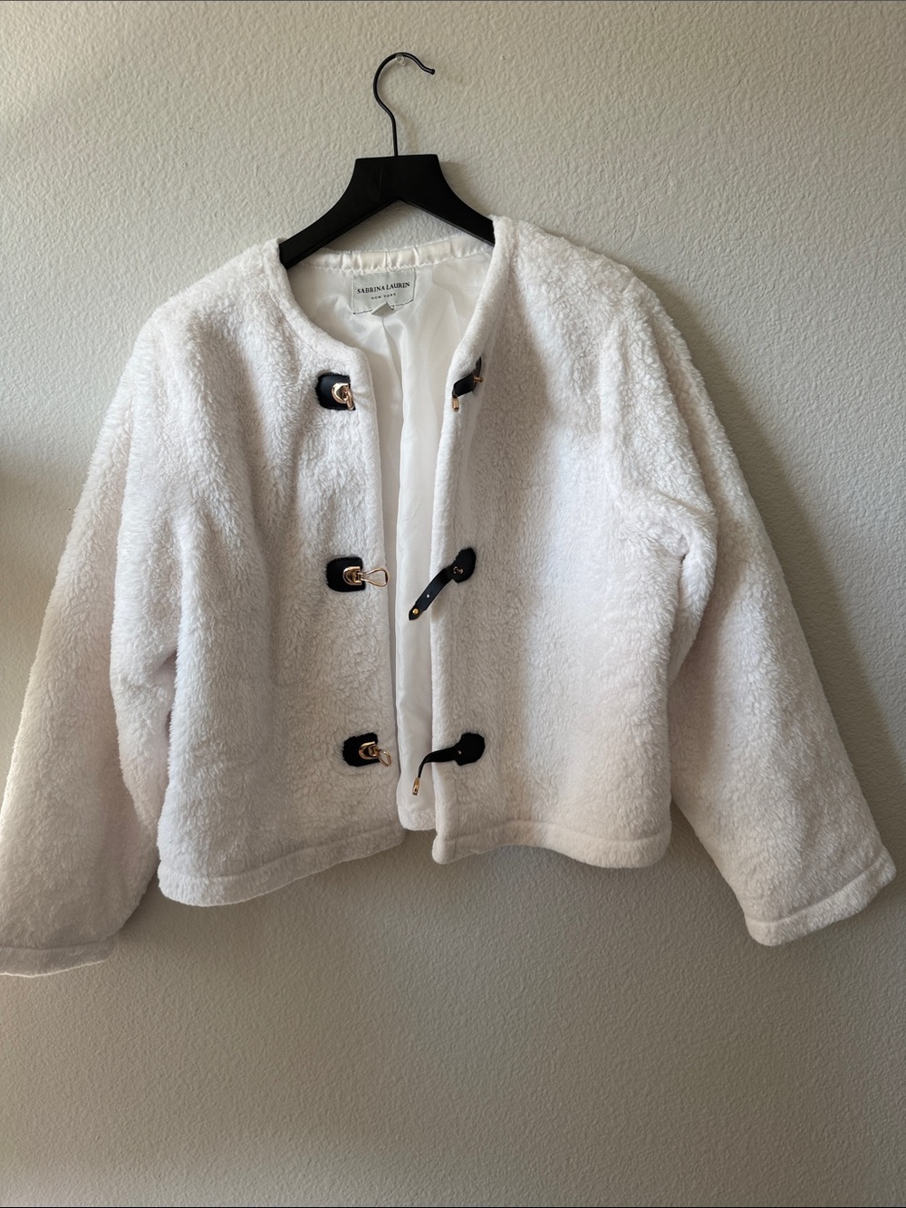 Sabrina Lauren White Faux Shearling Toggle Jacket Gold Hardware